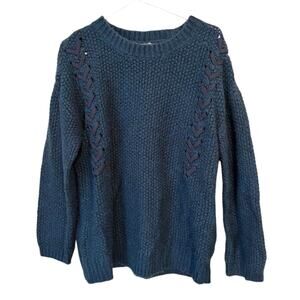 Mystree Long Sleeve Lace-Up Ribbon Waffle Knit Sweater Pullover Blue Size Large